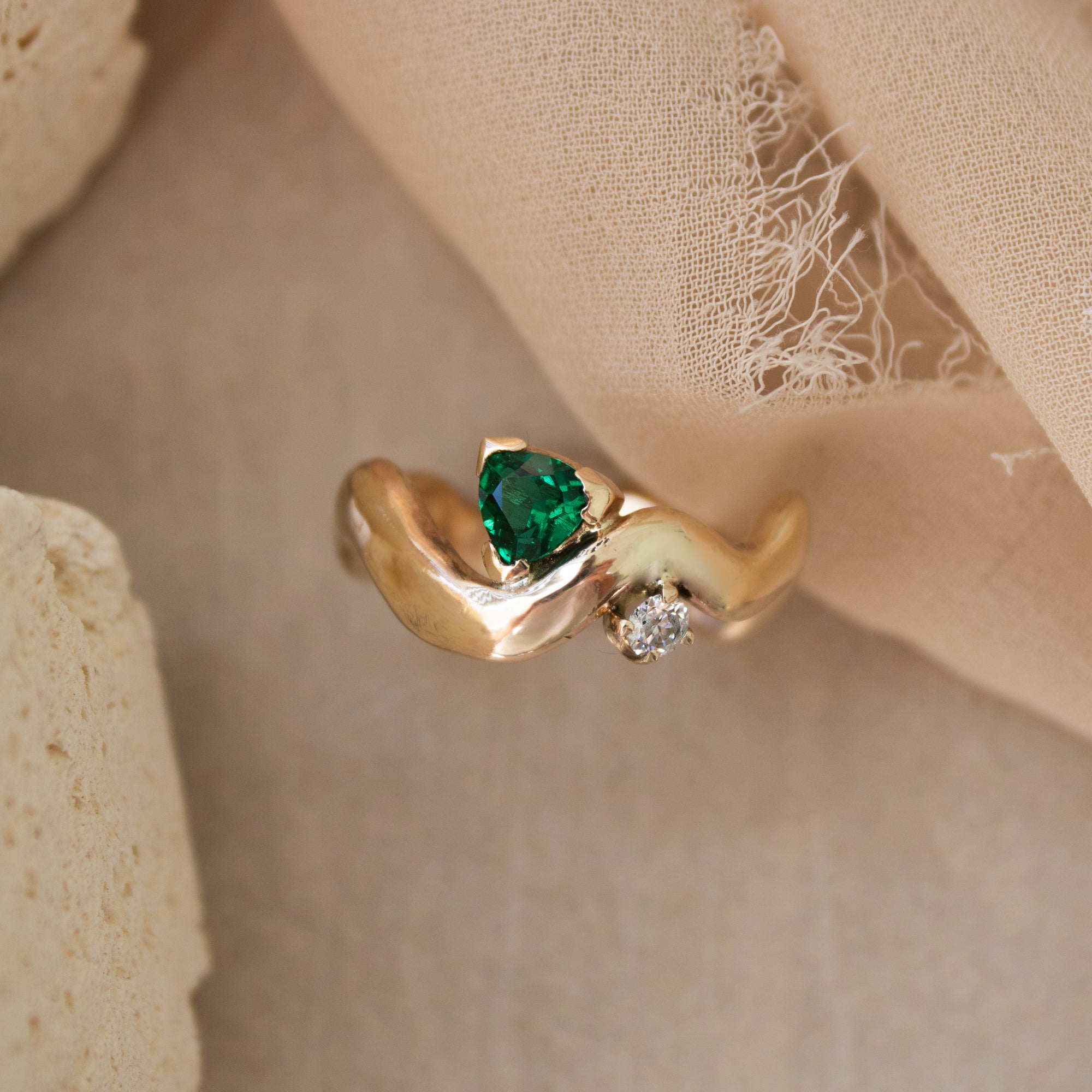 Emerald and Diamond Wavy Ring